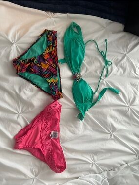 Bikini Bundle, Pink Becca Bottoms, Green Beaded Halter Bikini Top